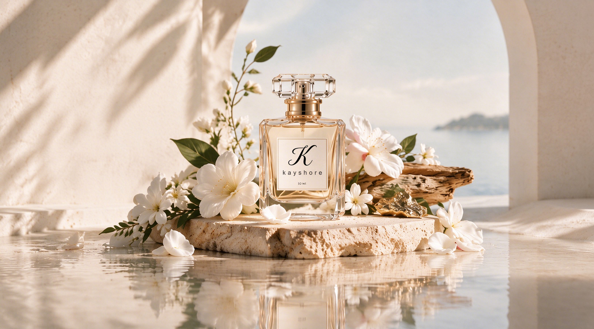 Kayshore perfume bottle styled with white flowers beside the sea